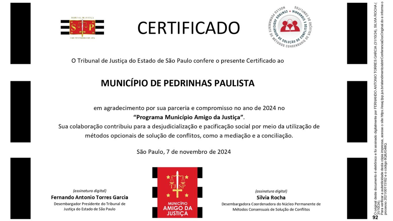 Pedrinhas Paulista recebe certificado de “Município Amigo da Justiça”