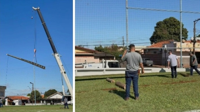 Novos postes de iluminação chegam ao Estádio Municipal Cassídio Pinto, em Tarumã,  e marcam avanço das obras de revitalização